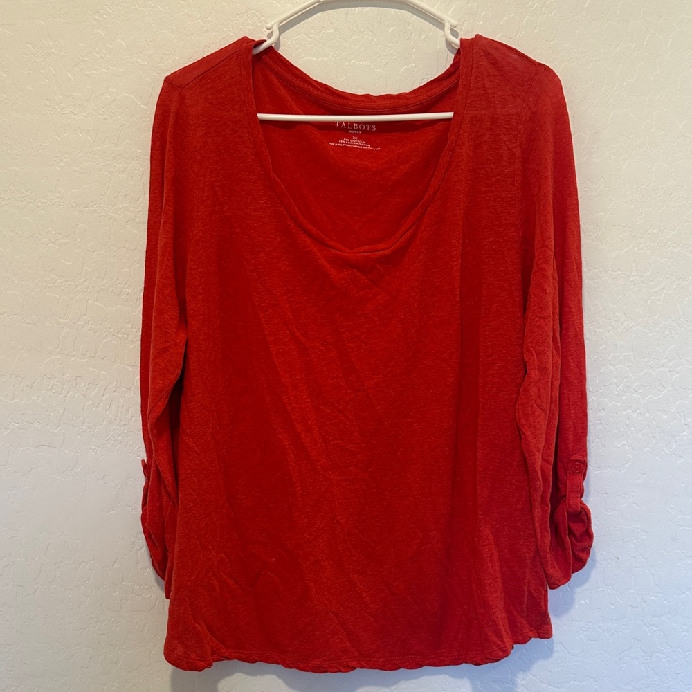 Talbots red 3/4 Sleeve Top Womens‎ 2x linen cotton curved neck tee shirt plus